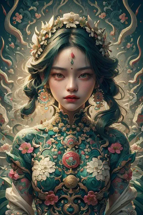 a stunning art, abstract, flowery, predominantly green, white, upper body, centered, key visual, intricate, highly detailed, breathtaking beauty, precise line art, vibrant, comprehensive, cinematic, hidden dragon