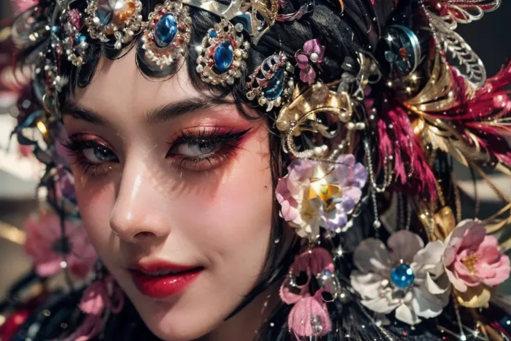 , closed mouth, (looking at viewer, light smile), lipstick, balck background, background, closed mouth, makeup light, eyeshadow, eyeline, eyelash, blush,
(masterpiece), shaded face, shadow on face,
(detailed), (semi-realistic), (expressive facial features:1.2), (opera:1.2),
<lora:jingju_v5:0.7> <lora:add_detail:0.6> <lora:LowRA:0.4> <lora:epi_noiseoffset2:0.4>