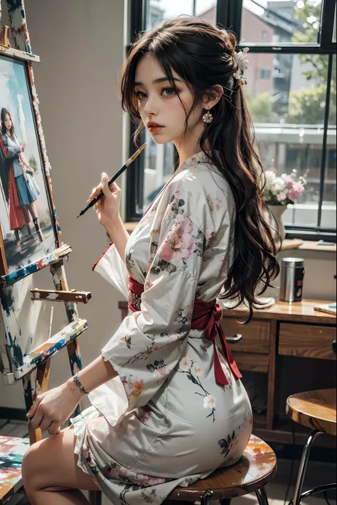 (absurdres, abstract, artwork, official art:1.2), (blurry background), (private craft shop, private workroom:1.7), soft and warm lighting, (profile, feet out of frame:1.2), ((1girl, solo)), (look at viewer), dynamic pose, indoors, (painting \(action\):1.5), painting \(object\), art brush, paintbrush, palette \(object\), watercolor painting on canvas \(object\), holding, holding small-paintbrush and palette \(object\), art tool, dramatic shadows, BREAK artwork display shelves with finished paintings, BREAK picture frame/curtains, BREAK soft backlighting from wide and huge frameless window, BREAK (flowers in bloom:1.5), earrings, jewelry, long hair, (wavy hair), (stylish, elegant, Japanese clothes, dress, long dress, frills, long long sleeves, (wide sleeves:1.2), floral print, kimono, dress), 
light_makeup, ((teenage)), human body ratio, pale skin, shiny skin, parted lips, realistic, realistic_scale, (best quality:1.4), (masterpiece:1.4), (extremely intricate detail), extremely delicate and beautiful, beautiful and aesthetic, (cute, pretty),
<lora:add_detail:0.5>,