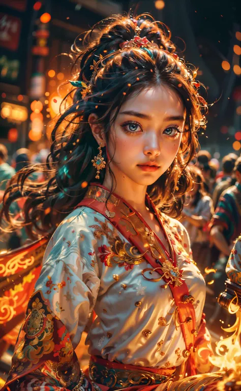 <lora:A_Fire_yuhuoshu:0.7>, Fire, Yohuoshu, ((best quality)), ((masterpiece)), (detailed), 1girl, Perfect Body, 18 years old, small breast, portrait of a girl with small breasts who is a fire bender and has a phoenix pet. Her face is exquisitely detailed, with captivating and gorgeous eyes that draw you in. She is dressed in a vibrant Chinese festival outfit, adorned with intricate details and adorned with flower patterns. The outfit is complemented by elegant earrings and jewelry, adding to her enchanting appearance. As she walks through Harajuku, the atmosphere is cinematic and splendid, with neon lights illuminating the surroundings and creating a bokeh effect. The background is intentionally blurry, emphasizing the focus on the girl and her captivating presence. Her flowing hair cascades down, seemingly glowing and catching the light, while flames dance around her, symbolizing her fire bending abilities. The scene is further enhanced by the presence of a lion dance, adding an element of cultural celebration and vibrancy. Fireworks burst in the sky, adding a sense of excitement and spectacle. The level of detail in the artwork is hyper-detailed, ensuring that every aspect of the composition is intricately rendered. Camera angle: A medium close-up shot captures the girl's face and upper body, emphasizing her striking features and the intricate details of her outfit. The camera angle is slightly tilted to add dynamism and enhance the cinematic feel of the scene, Haircut model by Curtain bangs, possed is Shoulder forward pose, sharp black, shooting angle is Rim lighting shot, time is Golden Hour, colored hair is Iridescent rainbow hair,
BREAK,
hyper realistic, intricate design, insanely detailed, extremely fine details, Extremely sharp lines, cinematic lighting, Photo realistic, a detailed painting by Esao Andrews and Anton Fadeev, Raw photo, high detailed, 8k, UHD, dslr, softlighting, HDR, warm light, high quality, film grain, fujifilm XT3, photorealistic, masterpiece, best quality, hyper-detailed, 8K, warm lighting, soft lighting, masterpiece, best quality, detailed, highest quality, ultra detailed, highres, cinematic light, splendid and colorful, out of focus, RAW photograph, art portrait, absurdres, high contrast, colorful, highest details,