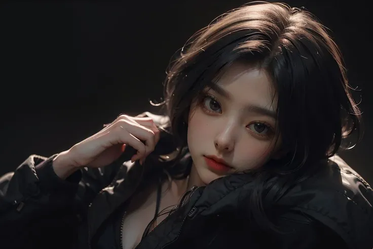 (Front focus), (in the darkness:1.6), 幻想Art, Photo-realistic, Dynamic Lighting, Art, 1 Girl, in the darkness, Deep Shadows, Long hair, White hair,Supine,Licking lips,Charm,lie on the floor,heart