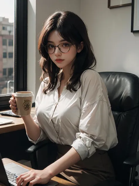 Whispers of Nature, Alphonse Mucha, Gustav Klimt, elegant figures, organic motifs by Antoni Gaud, Ren Lalique,
1girl,solo,glasses,professional attire, black hair, brown eyes, office setting, laptop, multitasking, busy schedule, coffee mug, deadline,(sfw:0.85),breasts,
(Playful body language, smoldering expression, discreetly suggestive, captivating charm:0.9)
