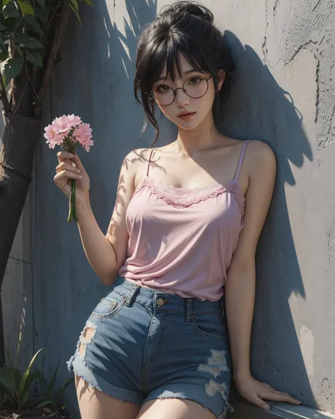 realistic, masterpiece, high quality, vivid colors, 1girl, black hair, messy hair, half updo, glasses, camisole, medium breasts, jean shorts, (against wall, holding a flower), expressionless, looking at viewer, blush, outdoors, shade