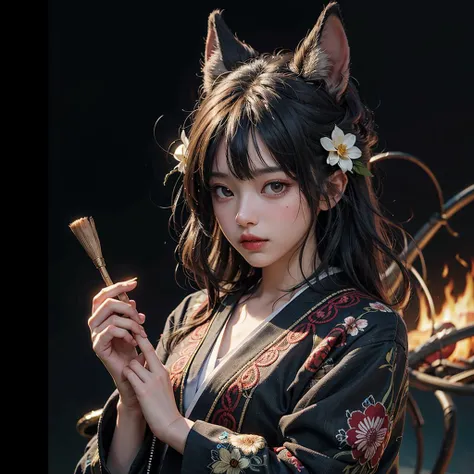 1boy, solo, official art, unity 8k wallpaper, ultra detailed, beautiful and aesthetic, masterpiece, best quality, photorealistic, (abstract background) (zentangle, mandala, tangle, entangle background:0.7) Kitsune, fox mask, haori jacket, foxfire spell, fox familiar, transformation, depth of field, Fantastical Atmosphere, the most beautiful form of chaos, elegant, a brutalist designed, flower of death, ecstasy of flower