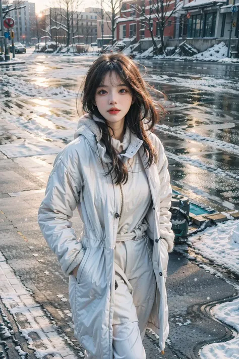 (best quality, masterpiece, ultra high resolution),(photorealistic:1.4),1girl,adult face,slim,(shiny skin),(profile,looking at another,dusk), white hair, long hair, dark eyes,(large breasts),top fashion,((White plush coat)),(Snowing:1.5,Walking street, city in winter), <lora:oc_v10:0.4:bodyh>, <lora:add_detail:0.6>, <lora:FilmG3:0.5>, <lora:Cute_girl_mix4:0.6>