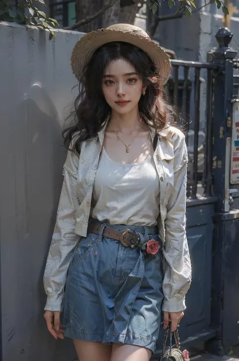 best quality, masterpiece, photo realistic, intricate details, raw photo, photon rendering, octane render, absurdres, ultra detailed, detailed face, detailed skin, trending on artstation,8k masterpiece,cinematic lighting, 1girl, skirt, outdoors, flower, hat, solo, jewelry, blue eyes, red flower, shirt, white shirt, necklace, belt, long sleeves, looking at viewer, pleated skirt, sky, day, rose, blue skirt, short hair, earrings, blue sky, bangs, parted lips, red rose, hair ornament, black belt, cowboy shot, blush, smile, shirt tucked in, standing, cloud, buckle, hand on headwear, collarbone, building, tree, straw hat, arm up, thighs, cross, belt buckle, sun hat, breasts, wind, hat flower, puffy long sleeves, white hair, wind lift, yellow flower, teeth, <lora:ymimi_v1:0.8>