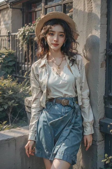 best quality, masterpiece, photo realistic, intricate details, raw photo, photon rendering, octane render, absurdres, ultra detailed, detailed face, detailed skin, trending on artstation,8k masterpiece,cinematic lighting, 1girl, skirt, outdoors, flower, hat, solo, jewelry, blue eyes, red flower, shirt, white shirt, necklace, belt, long sleeves, looking at viewer, pleated skirt, sky, day, rose, blue skirt, short hair, earrings, blue sky, bangs, parted lips, red rose, hair ornament, black belt, cowboy shot, blush, smile, shirt tucked in, standing, cloud, buckle, hand on headwear, collarbone, building, tree, straw hat, arm up, thighs, cross, belt buckle, sun hat, breasts, wind, hat flower, puffy long sleeves, white hair, wind lift, yellow flower, teeth, <lora:ymimi_v1:0.8>