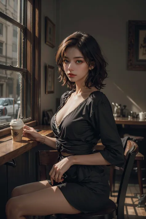 Best quality, masterpiece, ultra high res, (photorealistic:1.4), raw photo, 1girl, waist up, in coffeeshop, deep shadow, dark theme