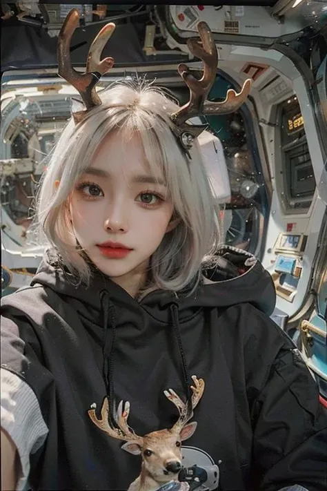<lora:koreanDollLikeness:0.7>, selfie angle, (white hair), black oversized hoodie, a girl in (((space))) with ((deer antlers)), <lyco:FilmProvia2:0.2>, <lyco:InsPX:0.2>, blurry as fuck, the worst lighting possible