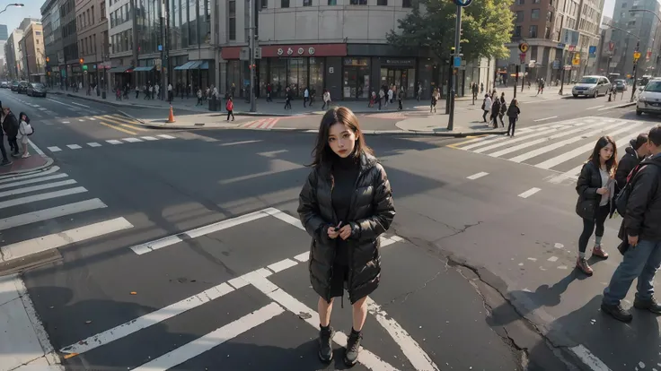 4K, RAW photo, best quality, masterpiece, ultra high resolution, ((balance scale)), (realistic_perspective:1.7), (photorealistic:1.4), look at viewer, ((full body)), ((very wide angle, scenery:1.7)), (bird's_eye view), ((extreme high angle:1.4)), (BREAK busy crowd:1.5), (BREAK crosswalk), (face focus:1.3), street background, (blurry_background),
((a girl, standing, crosswalk:1.6)), back, (a crowd_walking),