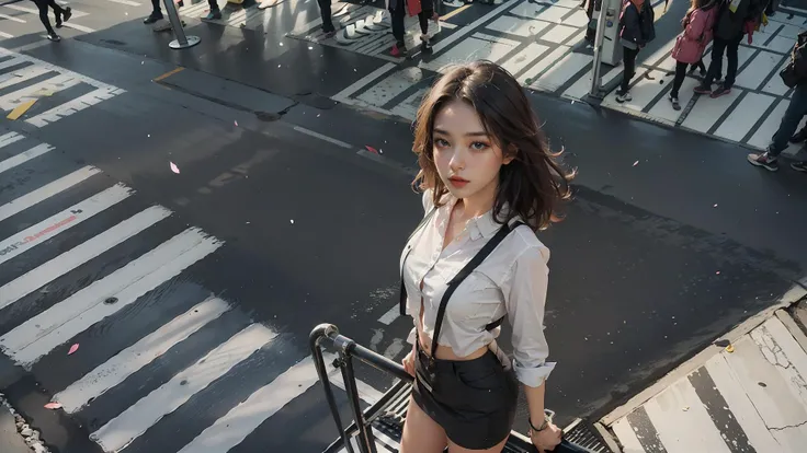 4K, RAW photo, best quality, masterpiece, ultra high resolution, ((girl, balance scale)), (realistic_perspective:1.7), (photorealistic:1.4), look at viewer, ((1girl, full body:1.3)), from above, ((very wide angle, scenery:1.7)), (bird's_eye view), ((extreme high angle:1.4)), (BREAK busy crowd:1.5), (BREAK crosswalk), (face focus:1.3), street background, (blurry_background),
((a girl, standing, crosswalk:1.6)), back, (a crowd_walking),