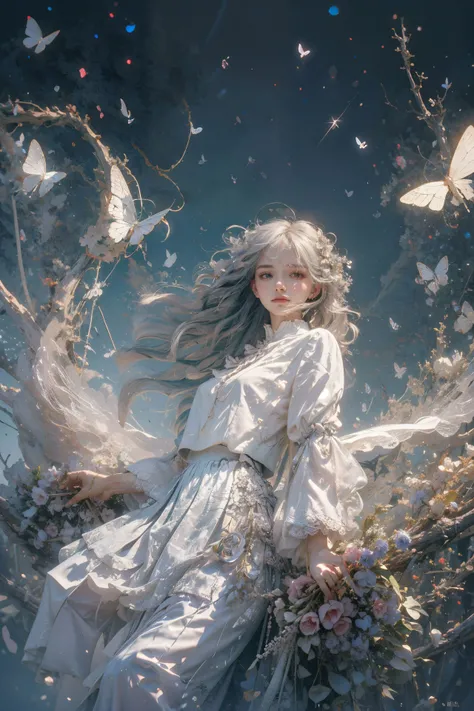 emotional depth,1girl,(closed mouth:1.2),solo,silver long hair,cns_skirt,cns_shirt,Rackflower,flower,bloom,dullyarts,butterfly style,rain style,detailed background,detailed eyes,fine art parody,official art,unity 8k wallpaper,ultra detailed,beautiful and aesthetic,masterpiece,best quality,by Gilbert Garcin,(dynamic angle),glowing skin,floating colorful sparkles,the most beautiful form of chaos,elegant,a brutalist designed,vivid colours,romanticism,<lora:add_detail:0.4> <lora:beautifulDetailedEyes_v10:0.4><lora:cns_dress_style1_v1[cns_skirt,cns_shirt]:0.5> <lora:butterfly:0.5:KEEPBG> 