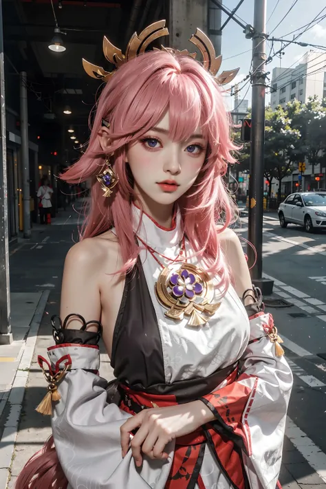 <lora:yae_miko:0.7>,yae_miko, 1girl, pink hair, purple eyes, long hair, fox ears, earrings, hair ornament, jewelry on the chest, yae miko's clothes, bare shoulders, detached sleeves, upper body, outdoors, cityscape, streets, buildings, sunshine