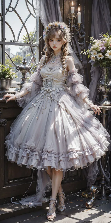 <lora:lo_dress_classic_style3_v1:0.7>,best quality, 1girl, lodress, white pantyhose,high heels, standing, full body, dancing, indoors, in the castle, luxury decorations, vase, window, sunshine