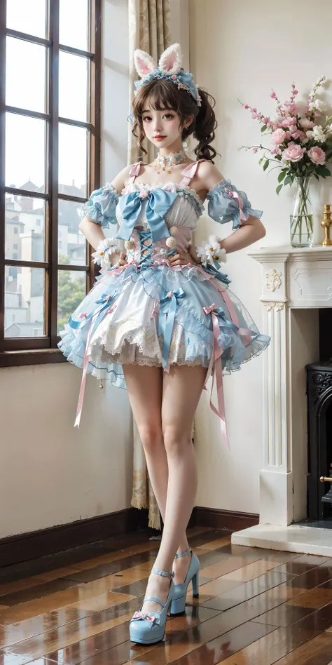 <lora:sweetLolita_v10:0.7>,best quality, 1girl,sweet_lolita,high heels, standing, full body, dancing, indoors, in the castle, luxury decorations, vase, window, sunshine