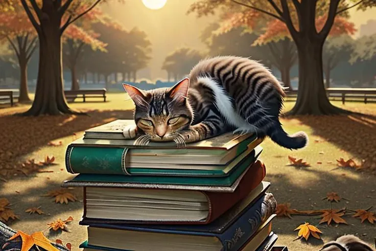 a well-fed cat sleeps on a stack of books in an autumn park in the rays of the setting sun (OverallDetail, advntr)