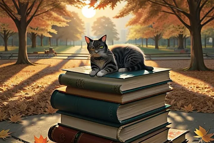 a well-fed cat sleeps on a stack of books in an autumn park in the rays of the setting sun (OverallDetail, advntr)