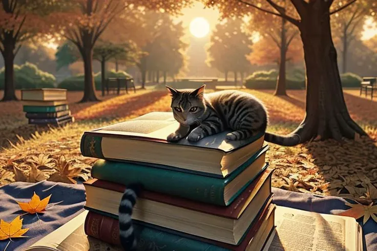 a well-fed cat sleeps on a stack of books in an autumn park in the rays of the setting sun (OverallDetail, advntr)