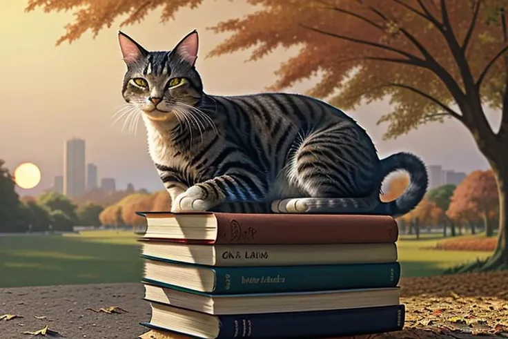 a well-fed cat sleeps on a stack of books in an autumn park in the rays of the setting sun (OverallDetail, advntr)