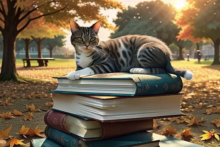 a well-fed cat sleeps on a stack of books in an autumn park in the rays of the setting sun (OverallDetail, advntr)