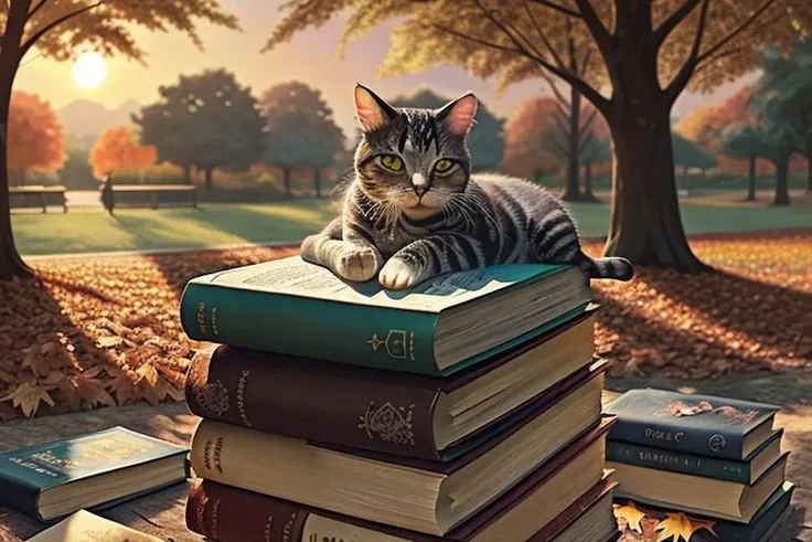 a well-fed cat sleeps on a stack of books in an autumn park in the rays of the setting sun (OverallDetail, advntr)