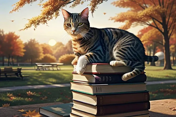 a well-fed cat sleeps on a stack of books in an autumn park in the rays of the setting sun (OverallDetail, advntr)