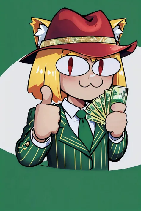 (masterpiece, best quality:1.2),  <lora:gangstersb:.85>, gangstersb, 1girl, solo, looking at viewer, upper body, money, holding, holding money, thumbs up, hat, suit, jewelry, necktie, <lora:necoarc:0.85> necoarc, slit pupils, cat ears, blonde hair, red eyes, chibi, :3, green theme,