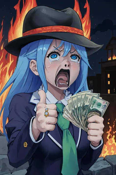 High Quality, Masterpiece <lora:gangstersb:0.8> gangstersb, upper body, money, holding, holding money, thumbs up, hat, suit, jewelry, necktie, aqua \(konosuba\), 1girl, blue eyes, <lora:Char_Konosuba_Aqua:0.65>, aquascreaming, screaming, open mouth, crying with eyes open, <lora:Pos_AquaScreaming:1>, burning, fire in the background, building on fire, outdoors, night,