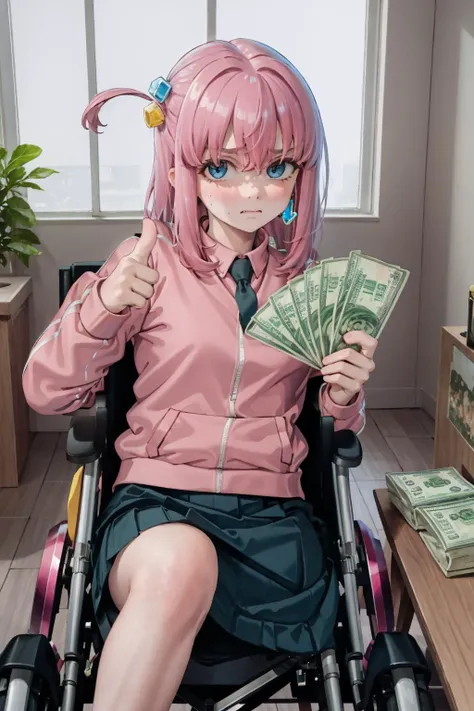 High Quality, Masterpiece <lora:gangstersb:1>, gangstersb, upper body, money, holding, holding money, thumbs up, jewelry, necktie, wheelchair, <lora:Pos_Wheelchair:0.4>, shaded face, depressed, gotohdef, one side up, cube hair ornament, pink jacket, track jacket, long sleeves, skirt, <lora:Char_BocchiTheRock_HitoriGotoh:1>