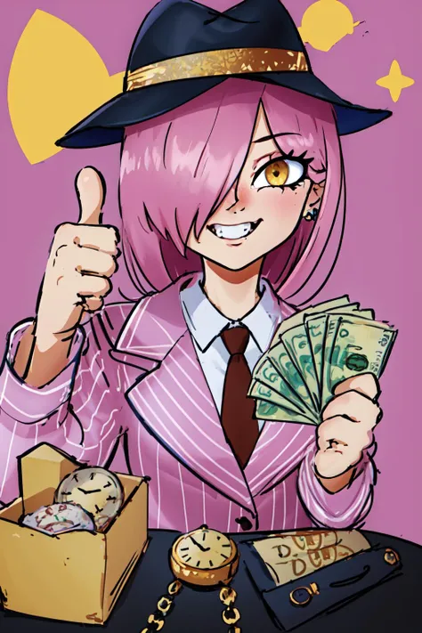 1girl, neneefthy, pink hair, hair over one eye, yellow eyes, gangstersb, upper body, money, holding, holding money, thumbs up, hat, suit, jewelry, necktie, masterpiece, best quality, detailed  <lora:neneefthy:0.8> <lora:gangstersb:0.8>