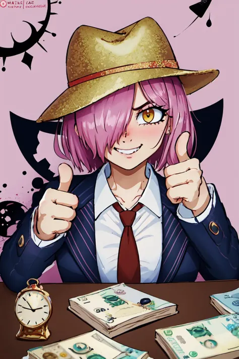 1girl, neneefthy, pink hair, hair over one eye, yellow eyes, gangstersb, upper body, money, holding, holding money, thumbs up, hat, suit, jewelry, necktie, masterpiece, best quality, detailed <lora:neneefthy:0.8> <lora:gangstersb:0.8>