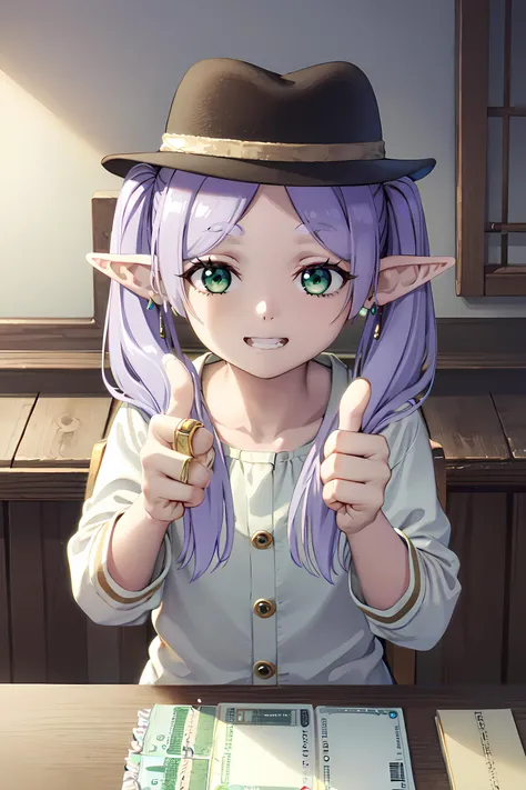 frieren, <lora:frieren-lora-nochekaiser:.7>,
frieren, long hair, twintails, (green eyes:1.5), grey hair, pointy ears, elf,
BREAK <lyco:GoodHands-beta2:1>, (masterpiece:1.2), best quality, high resolution, unity 8k wallpaper, (illustration:0.8), (beautiful detailed eyes:1.6), extremely detailed face, perfect lighting, extremely detailed CG, (perfect hands, perfect anatomy),
looking at viewer,
<lyco:muririn1-000004:0.4> muririn style,
<lora:gangstersb:.6>, gangstersb, 1girl, solo, looking at viewer, upper body, (money:1.2), holding, (holding money:1.2), thumbs up, hat, black suit, grin, jewelry,