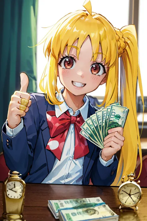 (masterpiece, best quality:1.2), <lora:gangstersb:0.9> gangstersb, upper body, money, holding, holding money, grin, thumbs up, 1girl, solo, looking at viewer, <lora:bocchi_nijikaijichi-10:0.9> ijichi nijika, side ponytail, school uniform, white shirt, red bow, long sleeves