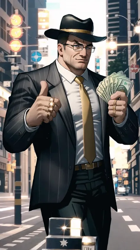 <lora:senatorArmstrong:0.8> senatorarmstrong, muscular male, glasses, necktie, black pants, black belt, white shirt, black suit, BREAK, <lora:gangstersb:0.8> gangstersb, upper body, money, holding, holding money, thumbs up, hat, suit, jewelry, necktie, BREAK,, masterpiece, best quality, extremely detailed, highly quality, 4k, sharp focus, professional, sharp focus, award winning, cinematic lighting, octane render, unreal engine, volumetrics dtx, Wallpaper,