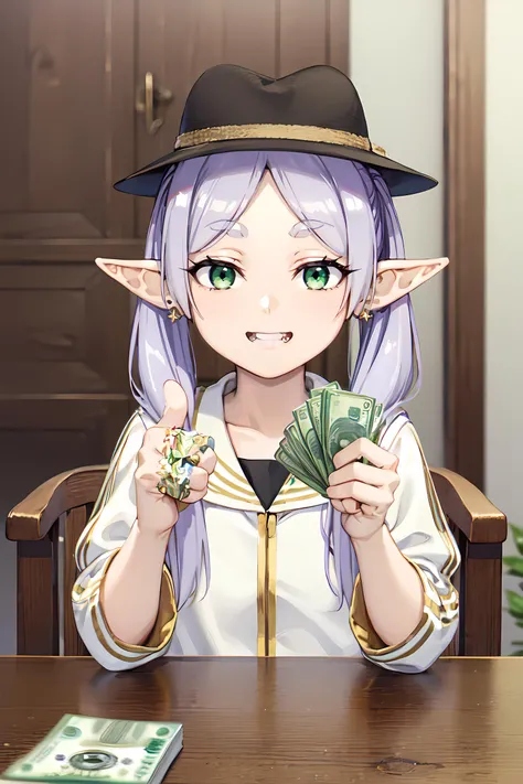 frieren, <lora:frieren-lora-nochekaiser:.7>,
frieren, long hair, twintails, (green eyes:1.5), grey hair, pointy ears, elf,
BREAK <lyco:GoodHands-beta2:1>, (masterpiece:1.2), best quality, high resolution, unity 8k wallpaper, (illustration:0.8), (beautiful detailed eyes:1.6), extremely detailed face, perfect lighting, extremely detailed CG, (perfect hands, perfect anatomy),
looking at viewer,
<lyco:muririn1-000004:0.4> muririn style,
<lora:gangstersb:.6>, gangstersb, 1girl, solo, looking at viewer, upper body, (money:1.2), holding, (holding money:1.2), thumbs up, hat, black suit, grin, jewelry,
