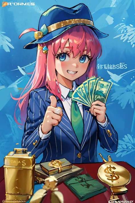 (masterpiece, best quality:1.2), <lora:gangstersb:0.9> gangstersb, upper body, money, holding, holding money, grin, thumbs up, 1girl, solo, looking at viewer, <lora:bocchi_gotoh-17:0.9> gotohdef, one side up, cube hair ornament, hat, suit, jewelry, necktie