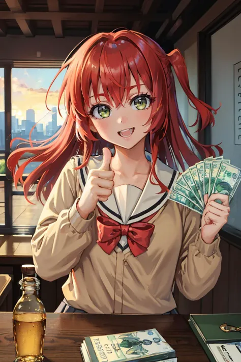 (masterpiece, best quality:1.2), <lora:gangstersb:0.9> gangstersb, upper body, money, holding, holding money, thumbs up, 1girl, solo, looking at viewer, grin, <lora:bocchi_kita-10:0.9> kita ikuyo, one side up, school uniform, brown serafuku, sailor collar, bow, long sleeves