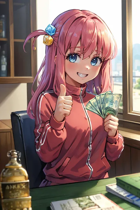 (masterpiece, best quality:1.2), <lora:gangstersb:0.9> gangstersb, upper body, money, holding, holding money, grin, thumbs up, 1girl, solo, looking at viewer,  <lora:bocchi_gotoh-17:0.9> gotohdef, one side up, cube hair ornament, pink jacket, track jacket, long sleeves,