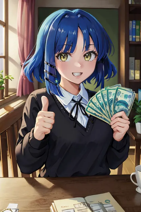 (masterpiece, best quality:1.2), <lora:gangstersb:0.9> gangstersb, upper body, money, holding, holding money, grin, thumbs up, 1girl, solo, looking at viewer, <lora:bocchi_yamada-10:0.9> yamada ryo, hair ornament, black sweater, neck ribbon