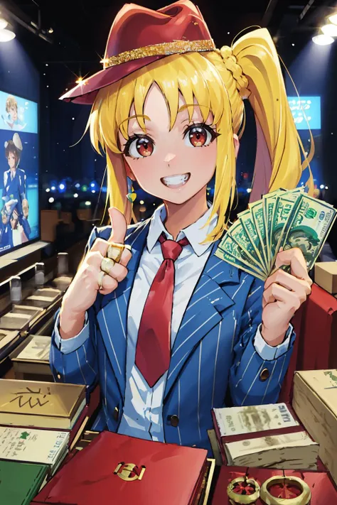 (masterpiece, best quality:1.2), <lora:gangstersb:0.9> gangstersb, upper body, money, holding, holding money, grin, thumbs up, 1girl, solo, looking at viewer, <lora:bocchi_nijikaijichi-10:0.9> ijichi nijika, side ponytail, hat, suit, jewelry, necktie