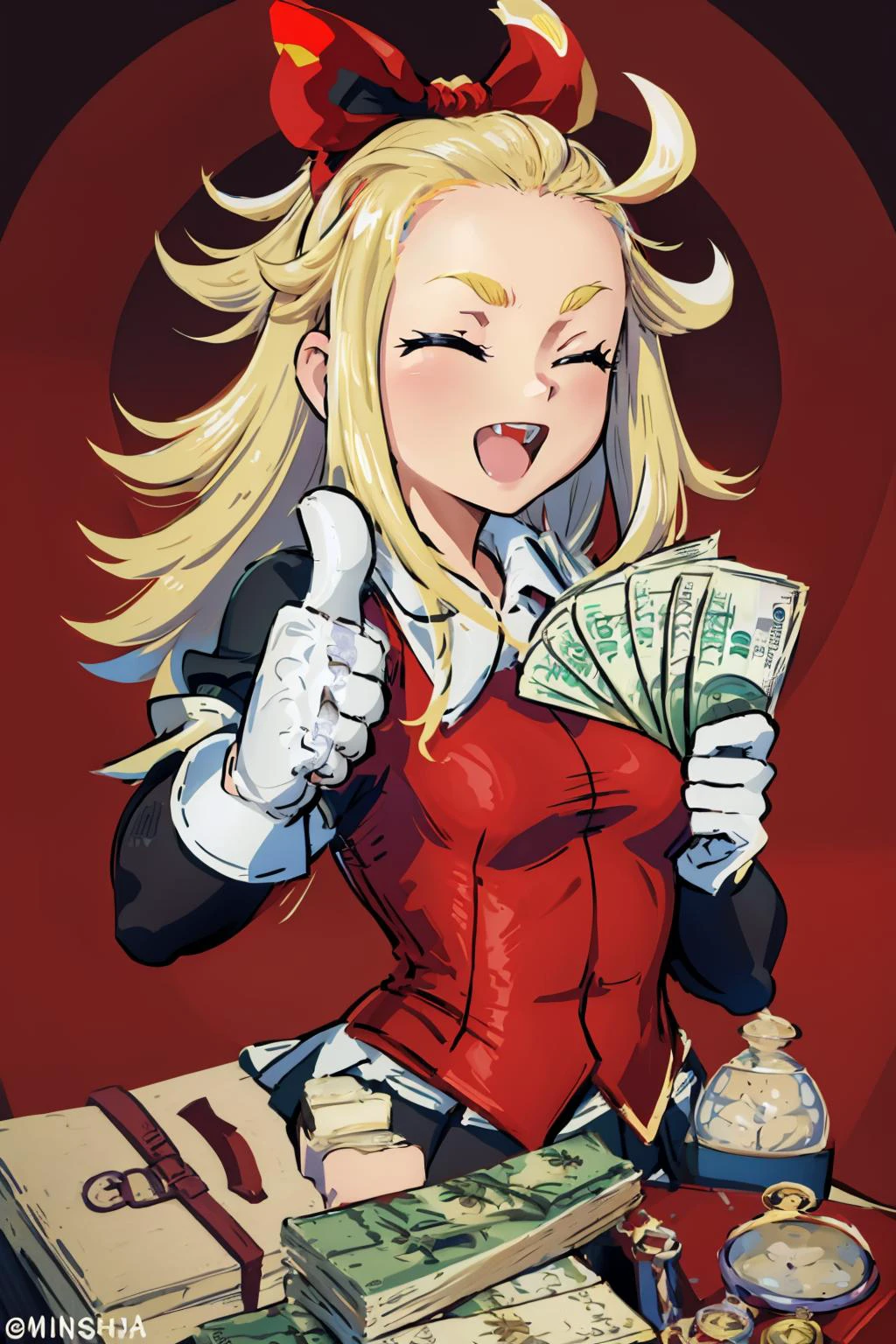 masterpiece, best quality, <lora:gangstersb:1> gangstersb, upper body, money, holding, holding money, thumbs up <lora:edealee-nvwls-v1-final:0.8> edea lee, red bow, red shirt, black gloves, armored skirt, white pantyhose, closed eyes, :D