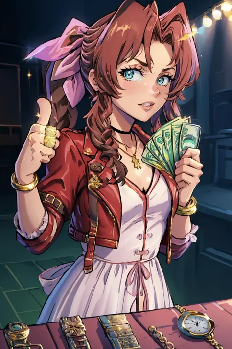 masterpiece, best quality, <lora:gangstersb:1> gangstersb, upper body, money, holding, holding money, thumbs up <lora:aerith-nvwls-v1-final:0.8> aerith gainsborough, choker, cropped jacket, hair bow, bracelet, pink dress, looking at viewer