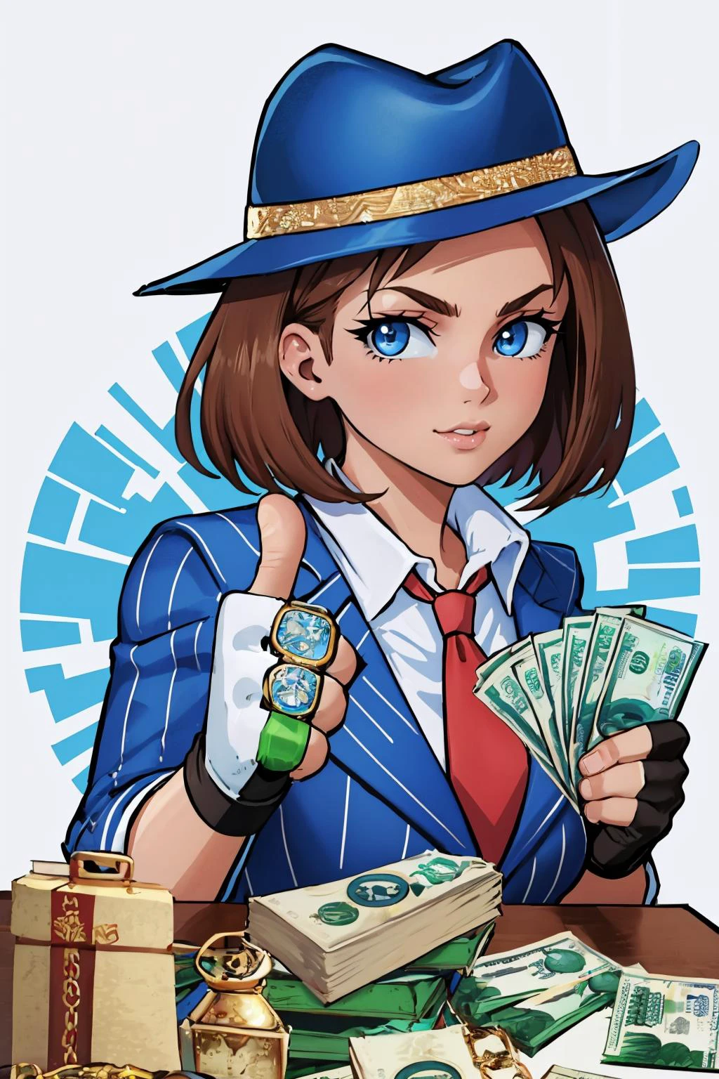 (masterpiece, best quality:1.2), <lora:gangstersb:.85>, gangstersb, 1girl, solo, looking at viewer, upper body, money, holding, holding money, thumbs up, hat, suit, jewelry, necktie, <lora:jillvalentine-re-richy-v1:0.8> jillre1, fingerless gloves,