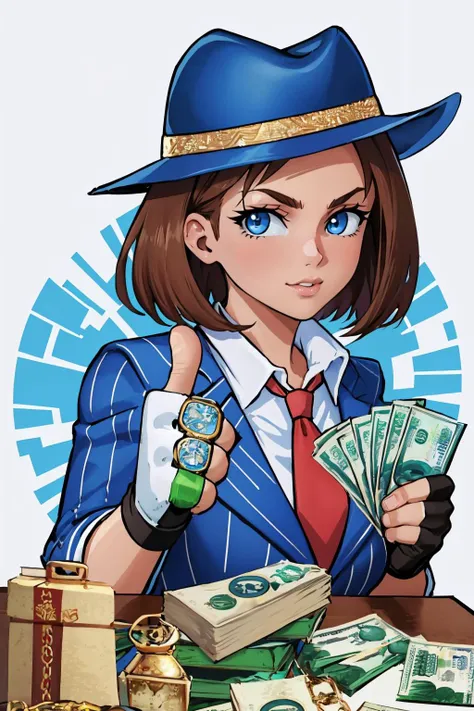 (masterpiece, best quality:1.2),  <lora:gangstersb:.85>, gangstersb, 1girl, solo, looking at viewer, upper body, money, holding, holding money, thumbs up, hat, suit, jewelry, necktie,  <lora:jillvalentine-re-richy-v1:0.8> jillre1, fingerless gloves,