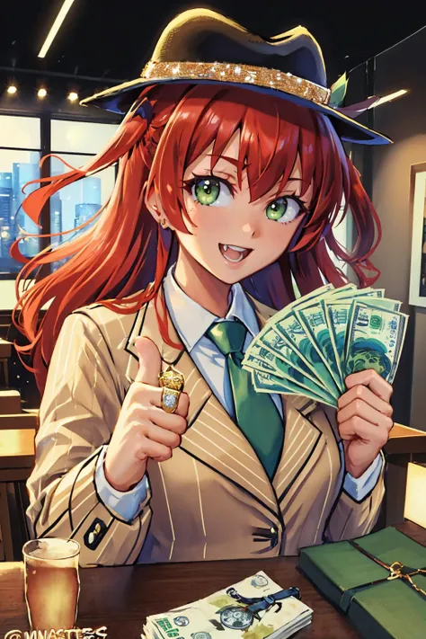 (masterpiece, best quality:1.2), <lora:gangstersb:0.9> gangstersb, upper body, money, holding, holding money, thumbs up, 1girl, solo, looking at viewer, grin, <lora:bocchi_kita-10:0.9> kita ikuyo, one side up, hat, suit, jewelry, necktie