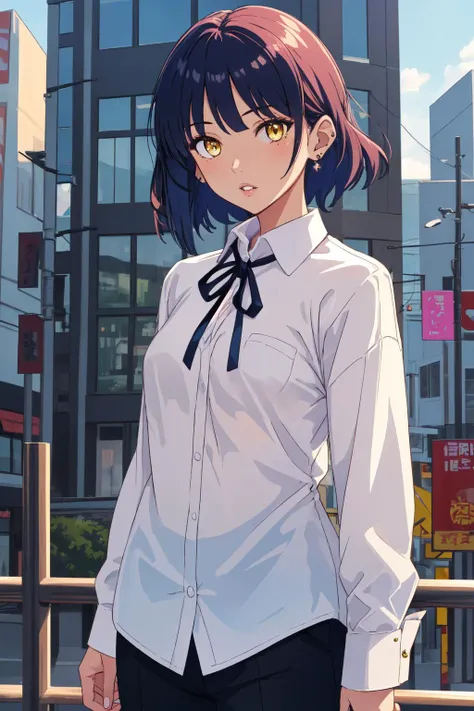 yamada ryo, city background, 1girl, looking at viewer, long sleeves, yellow eyes, solo, parted lips, jewelry, collared shirt, earrings, black ribbon, ribbon, cowboy shot, neck ribbon, shirt, <lora:YamadoGoofy:0.9>, <lyco:DerpixonStyle:1.1>,