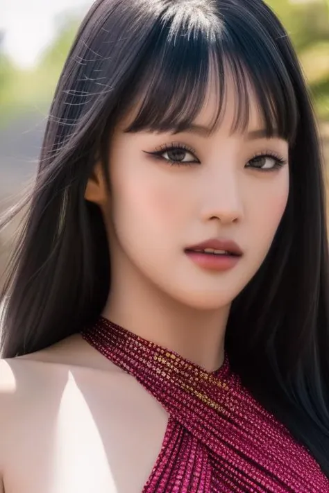 (black long hair:1.2),<lora:gidleMinnieV1:1>,Minnie,(close-up photo:1.2),(pov:1.1),korean, woman,complex 3d render ultra detailed, smile, portrait of beautiful woman, moody portrait, striking features, beauty, intricate details, dramatic composition, tension, contrast, texture, realism, high-quality rendering, stunning art, high quality, film grain, Fujifilm XT3,swirly bokeh,(realistic, photo-realistic:1.2),RAW photo,physically-based rendering,(looking at viewer:1.4),(8k, best quality, masterpiece:1.2),(full body shot:1.1),octane render,extremely detailed CG, unity 8k wallpaper,in street,urban,city,(rim light,studio soft light,sunlight:1.1),standing,(a girl is wearing luxurious red dress:1.5),hyper realistic detail shiny skin,ultra detailed,(ultra realistic:1.2),(intricate:1.2),(photorealistic:1.1),1girl,(skinny:1.3),detailed background ,(large breasts:1.1),makeup