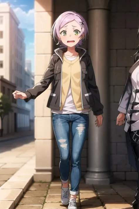 <lora:Geru:0.8>, 1girl, (black hoodie), jeans, full body, (city), masterpiece, best quality,