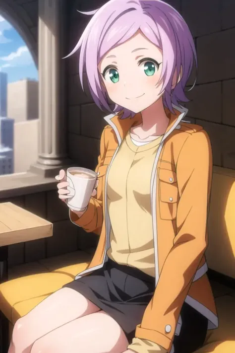 <lora:Geru:0.8>, (1girl), t-shirt, (city), sitting, sitting at table, ((café)), coffee cup, holding cup, smile, masterpiece, best quality,