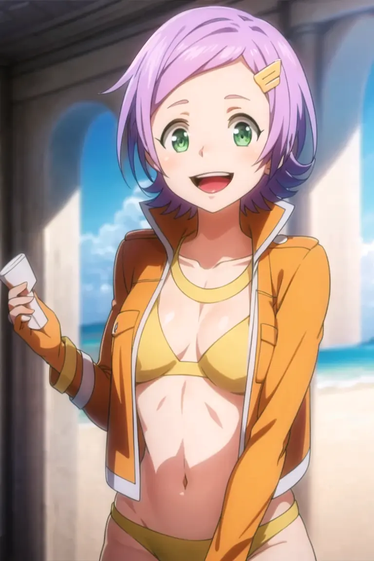 <lora:Geru:1>, (1girl), beach, water, orange bikini, hair clip, smile, (outside:1.5), masterpiece, best quality,